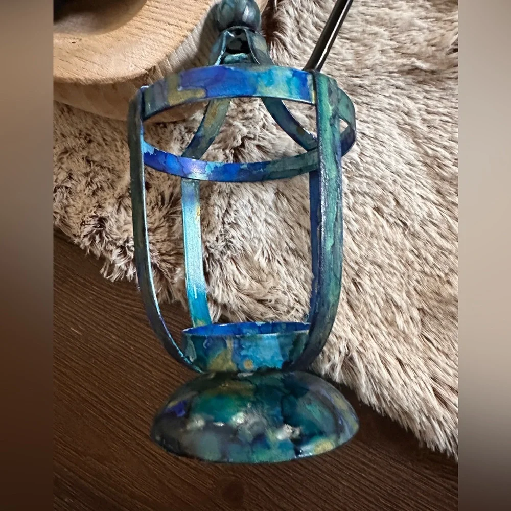 Handcrafted blue metal lantern votive holder with glass cup decorative accent
